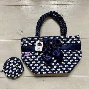 Set: Elephant Purse and Round Accessory Pouch, Rope Handles, Front Bow, NWT